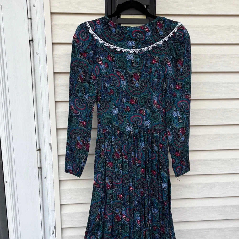 GUNNE SAX JESSICA MCCLINTOCK BLUE WHITE LACE Paisley Long Sleeve Dress-3-VINTAGE